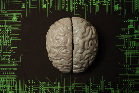 人脑与电路人工智能的概念。电路样式与脑子模型。计算机中央处理器