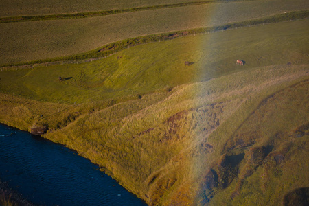 顶视图的字段与马，rainbowiceland