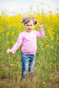 一个小女孩在一个黄色的油菜籽与一堆 chamomiles