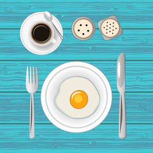 早餐配煎蛋和咖啡。顶部视图。矢量插图