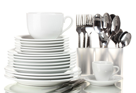 清洁盘子 杯子和餐具上白色隔离