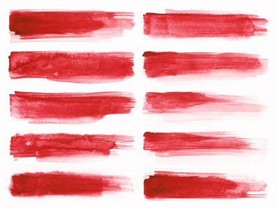 水彩画.在白色背景下分离的抽象红色水彩笔画集