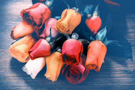 色调背景的彩色玫瑰花束