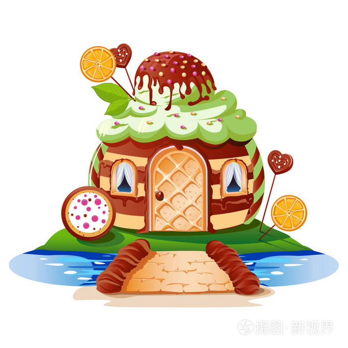 可爱的小房子巧克力和水果装饰欢快的矢量插图