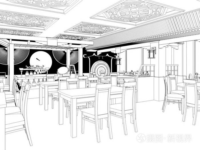 渲染中式餐厅室内设计的黑白素描