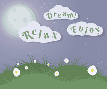 横幅壁纸关于一个完美的夜晚春天与花卉, 草, 云, 星星和月亮。放松, 享受和梦想。Eps 10 矢量插画