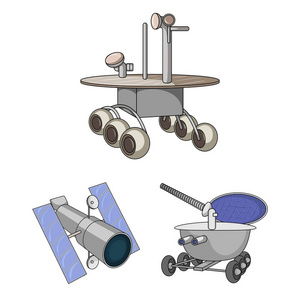 空间技术卡通图标集合中的设计。航天器和设备矢量符号股票 web 插图