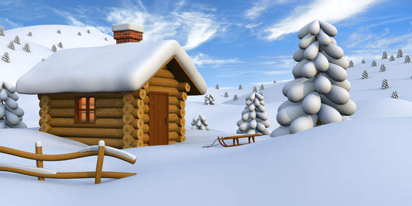 在白雪皑皑的农村小木屋