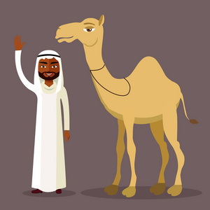 穆斯林男子挥舞着她的手和卡通骆驼