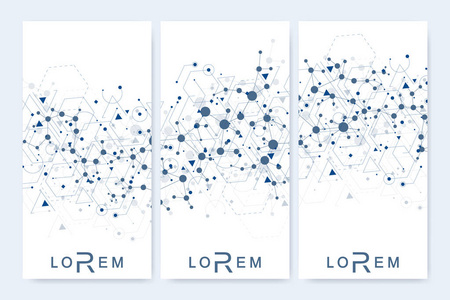 现代的矢量传单, 横幅。几何抽象表示。分子和通信背景为医学, 科学, 技术, 化学