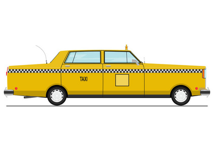 卡通黄色出租车。侧面视图。平面矢量
