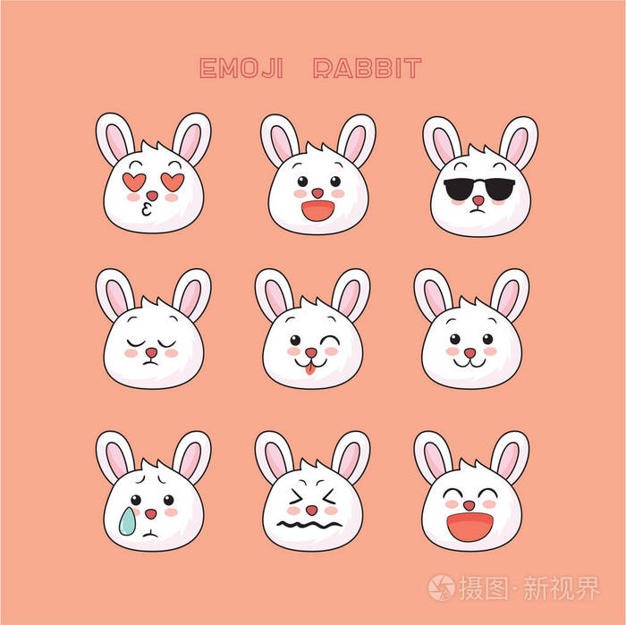 可爱的兔子 emoji 表情 兔子微笑的图标集 艺术 设计 色彩