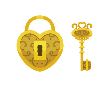 老式钥匙和锁。矢量插画卡通挂锁。秘密, 神秘或安全图标
