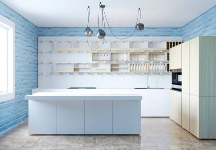 3d 白色现代厨房的蓝色砖墙渲染