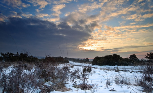 充满活力的冬季日出景观在雪覆盖农村