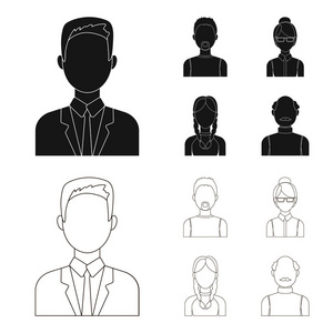 多样性肖像图标集合：男女头像矢量图标黑色样式
