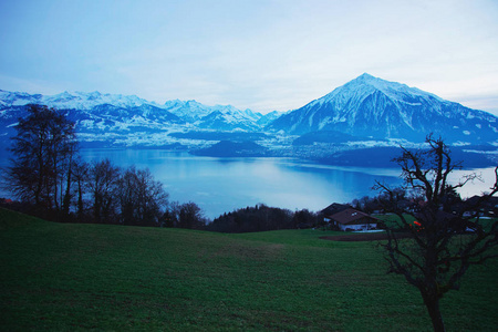 Sigrilwil 村庄在瑞士阿尔卑斯和图恩湖