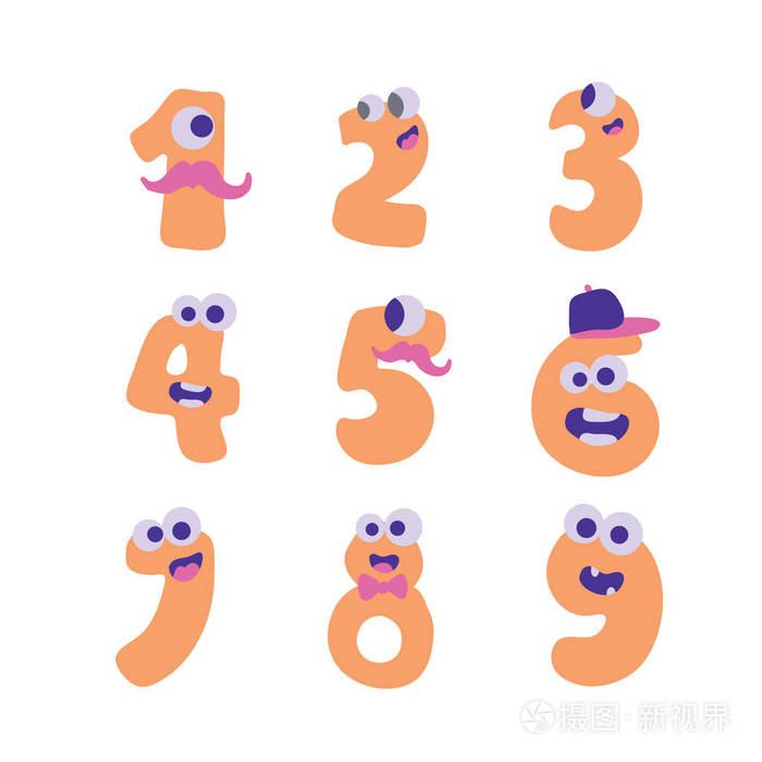 矢量可爱的数字从1到9.一套平面设计的卡通数字.