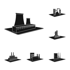 工厂和工厂的黑色图标集设计。生产和企业向量等距符号库存 web 插图