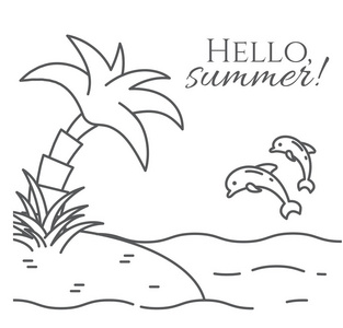 夏季旗帜与棕榈岛和一对海豚跳过水面