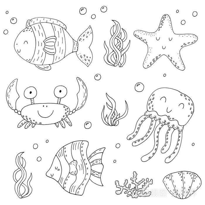 例证矢量涂鸦集海洋生物的元素.水下世界收藏.图标和符号手绘素描图