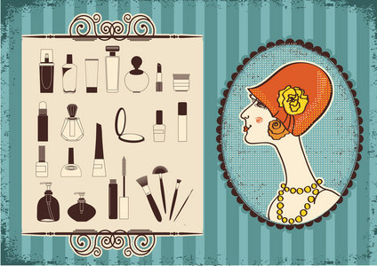 复古的女人脸在时尚的帽子和化妆品背景