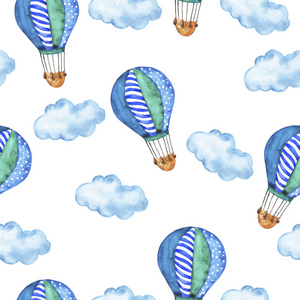 蓝云水彩画与气球无缝图案背景图片