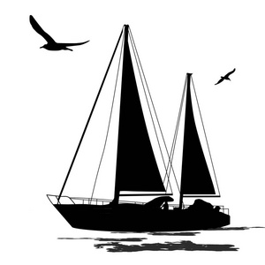 航海小船剪影与鸟
