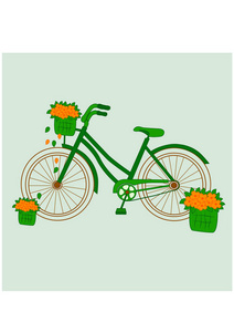 带花的绿色自行车。矢量插图
