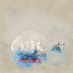 水彩风格抽象的航海概念与旧船在瓶子里的形象