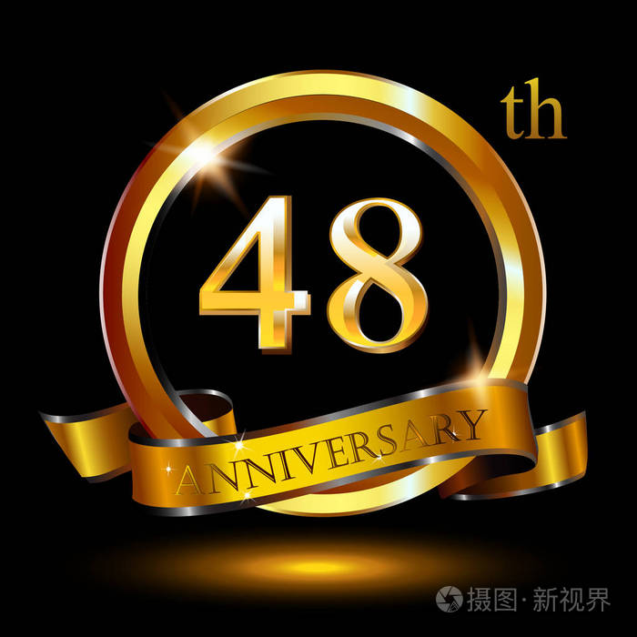 标志设计48年周年与白色和金色的数字黑色背景阴影