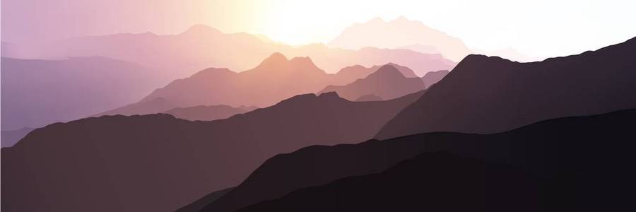 山上的粉红色和紫色的日落。现实向量例证