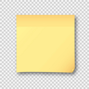 黄色邮政便笺纸页纸。矢量邮局备忘录或记得信纸粘附在透明背景上的阴影隔离