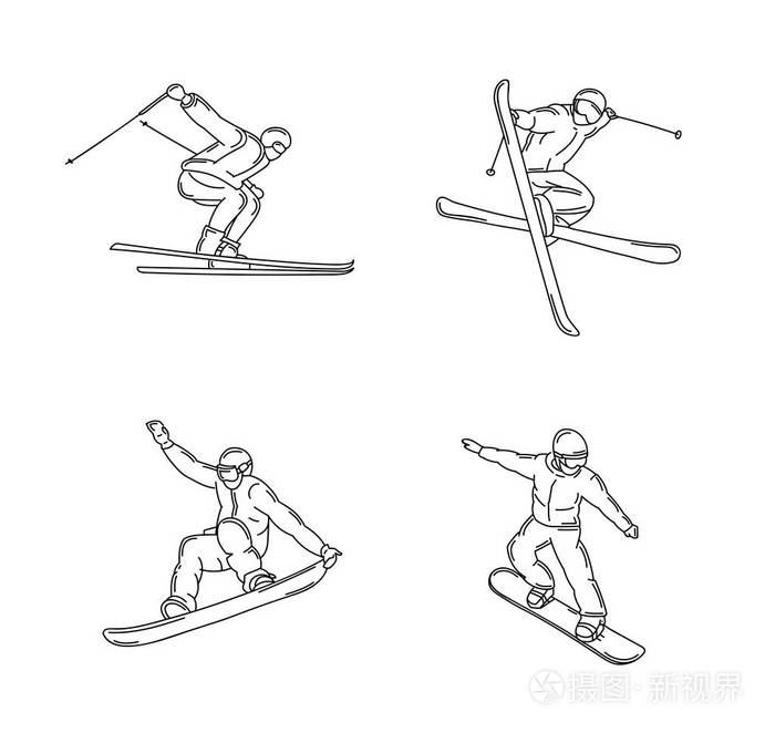滑雪和雪地中不同姿势的冬季运动优秀插画-正版商用图片043hkb-摄图新