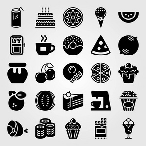 食物和饮料矢量图标集。火腿, sishi, 猕猴桃和咖啡壶
