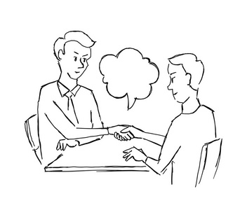 素描合同握手人在表协议交易。两个商人在工作桌上约定。手绘矢量图