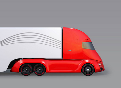 在灰色背景下, 金属红色自驱动电动半卡车的侧面视图。3d 渲染图像