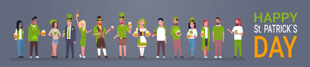 快乐圣帕特里克日水平海报与人穿着传统的衣服, 持有啤酒杯和杯子