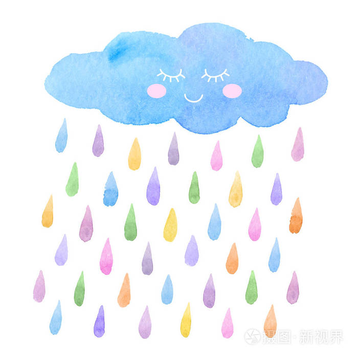 彩色雨等值彩云的水彩插图