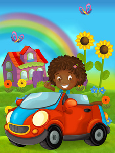 卡通场景与快乐的孩子在玩具车女孩附近的游乐车儿童插画