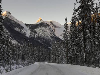 冰雪覆盖的道路与山在冬天, 翡翠湖, 约霍国家公园, 不列颠哥伦比亚省, 加拿大