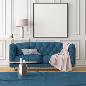 客厅现代内饰, 白色墙壁, 蓝色沙发, 台灯和桌子的空白框架。趋势颜色。3d