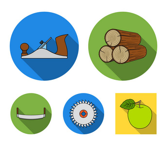 原木, 双手锯, 圆锯。锯木厂和木材集合图标平面矢量符号股票插画网站