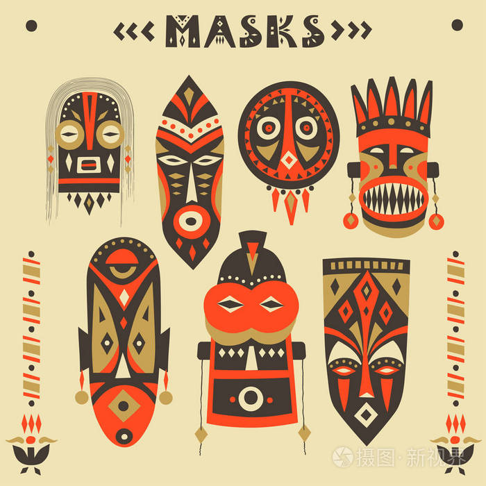 手绘非洲面具,图腾,护身符的矢量采集