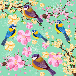 樱花花枝和鸟纹。春天纹理背景插图