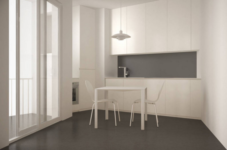 简约现代厨房, 配有椅子白色和灰色建筑室内设计的大窗户和餐桌