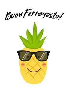 可爱的卡片奔 Ferragosto 意大利的夏天假日作为滑稽的手绘了菠萝的卡通字符