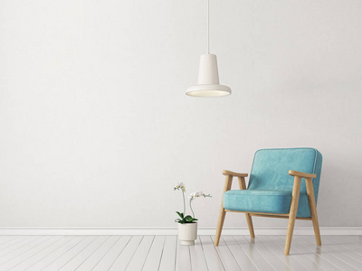 现代客厅与扶手椅和灯。斯堪的纳维亚室内设计家具