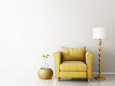 带有黄色扶手椅和台灯的现代起居室。斯堪的纳维亚室内设计家具