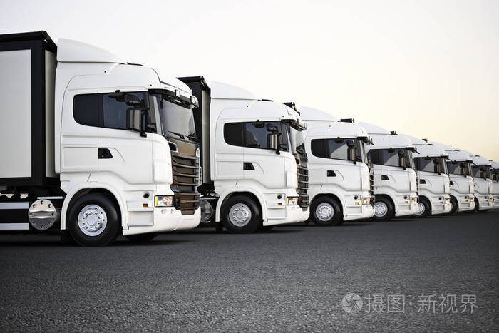 一队白色商业运输卡车停在一排, 准备进行业务分配.3d